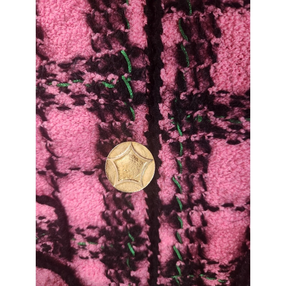 Adolpho Pink and Black Wool Plaid Jacket Gold Buttons Vtg Sweater Med Union Made - Picture 6 of 16